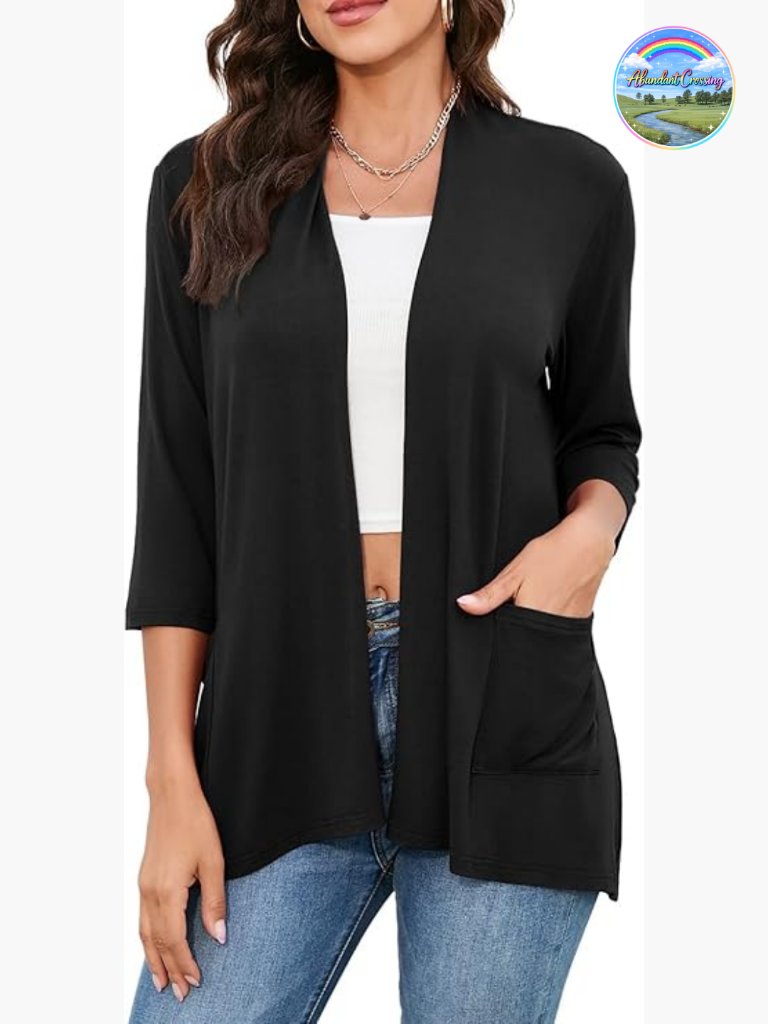 Women's Lightweight Cardigan 3/4 Sleeve Open Front Pockets